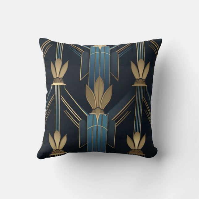 Art Deco Blue and Golden Patterns Cushion (Back)