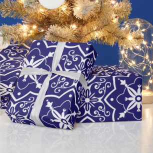 Art Deco Blue and White Abstract Tiled Pattern Wrapping Paper