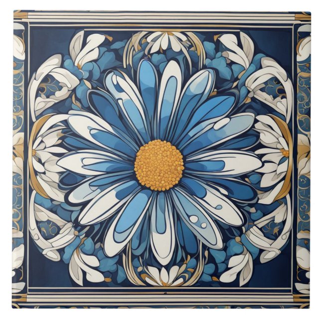 Art Deco Blue and White Daisy Flower Art Nouveau Ceramic Tile (Front)