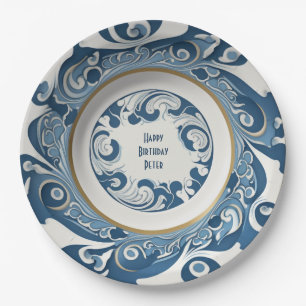 Art-deco blue and white porcelain personalised paper plate