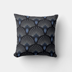 Art Deco Blue Feather/Fan Design Throw Pillow