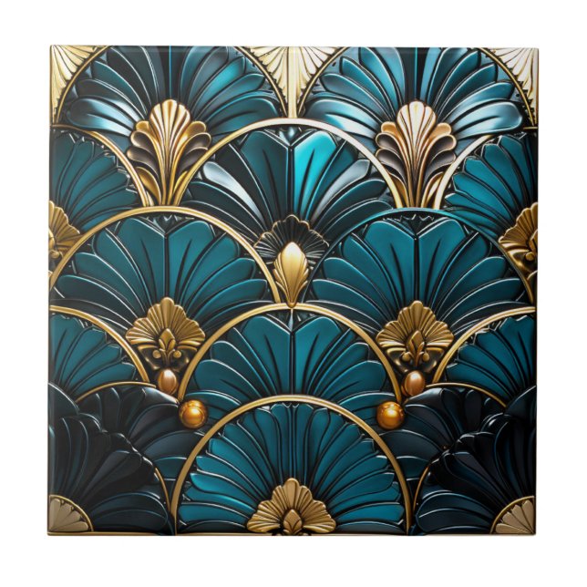 Art Deco Blue Feather Fans and Gold Accents 4.25  Ceramic Tile (Front)
