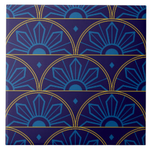 Art Deco Blue Gold Geometric Ceramic Tile