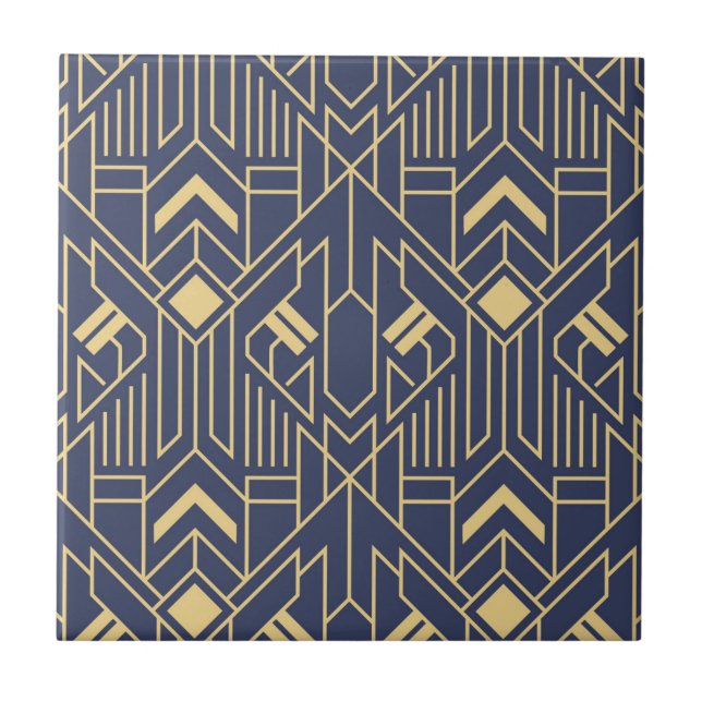 Art Deco Blue Gold Geometric Ceramic Tile (Front)