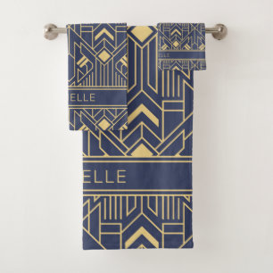 Art Deco Blue Gold Geometric Personalised Name Bath Towel Set