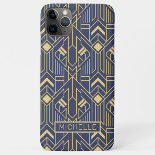 Art Deco Blue Gold Geometric Personalised Name Case-Mate iPhone Case