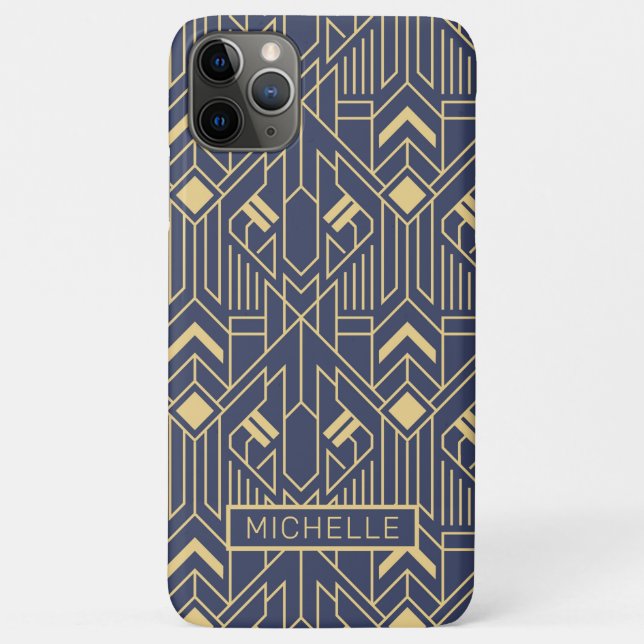 Art Deco Blue Gold Geometric Personalised Name Case-Mate iPhone Case (Back)
