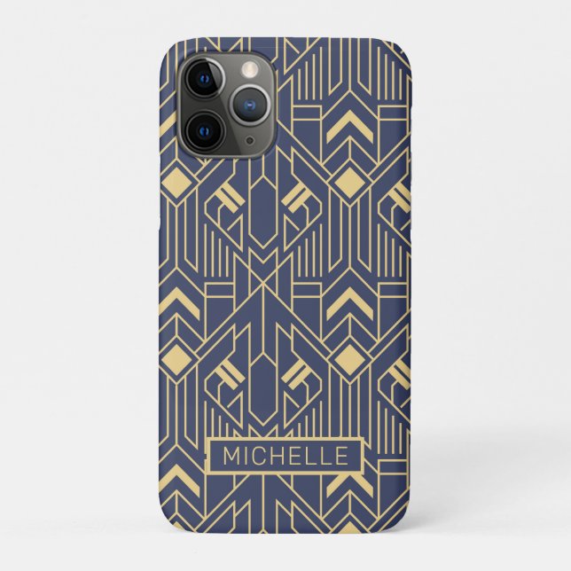 Art Deco Blue Gold Geometric Personalised Name Case-Mate iPhone Case (Back)