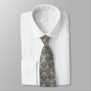 Art Deco Blue Gold Vintage Geometric Fan Pattern Tie