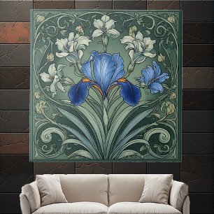 Art Deco Blue Iris Bloom Floral Motifs Botanical Ceramic Tile