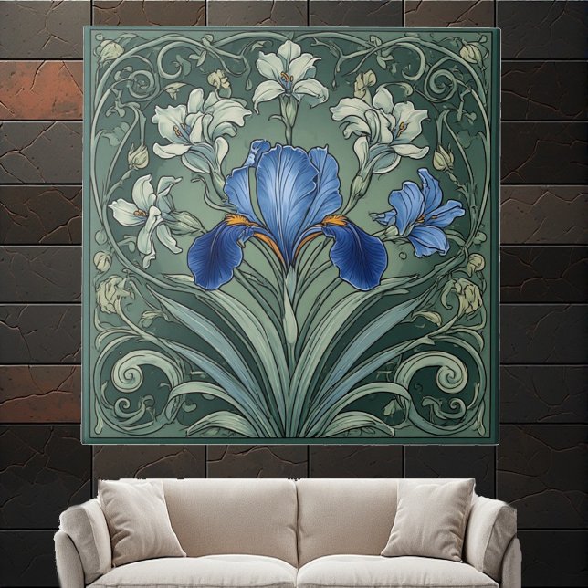  Art Deco Blue Iris Bloom Floral Motifs Botanical Ceramic Tile (Art Deco Blue Iris Bloom Floral Motifs Botanical Ceramic Tile)