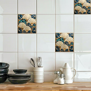 Art Deco Blue Ivory, Gems and Gold Fan Ceramic Tile