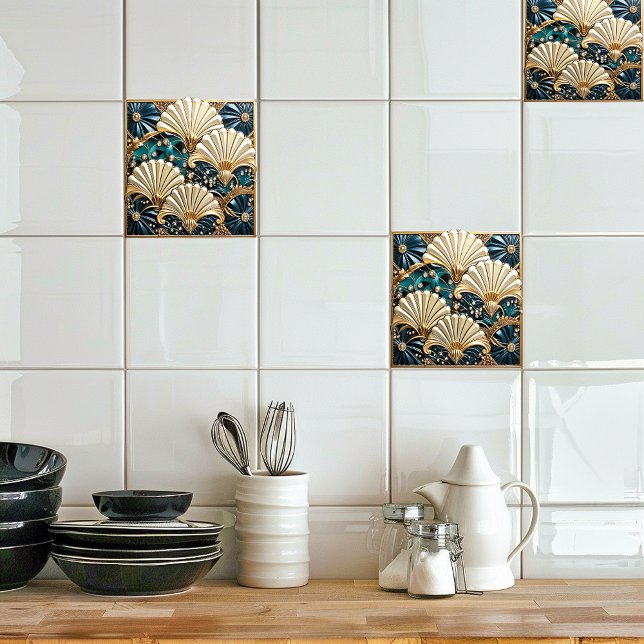 Art Deco Blue Ivory, Gems and Gold Fan Ceramic Tile (Creator Uploaded)