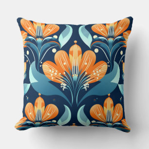 Art Deco blue orange flowers Cushion