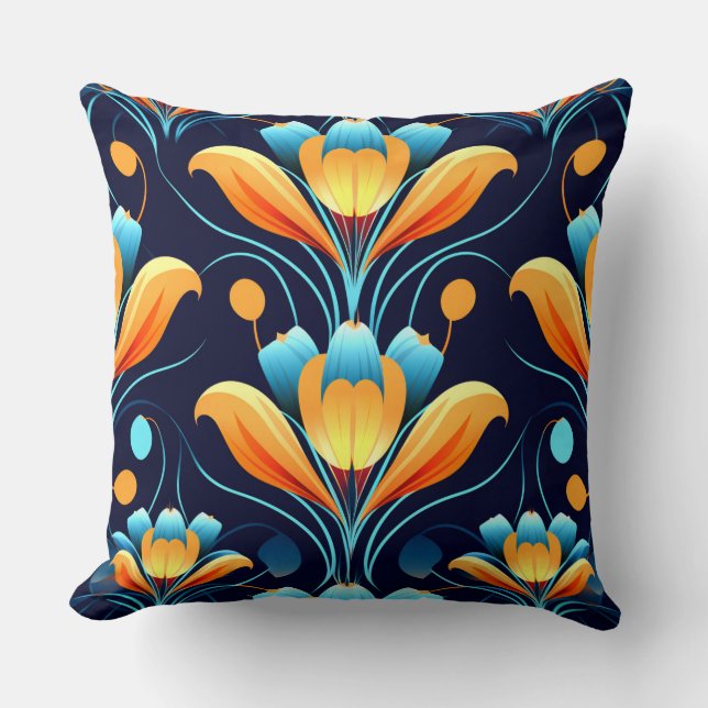 Art Deco blue orange flowers Cushion (Front)
