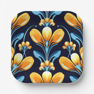 Art Deco blue orange flowers Paper Plate