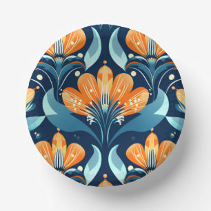 Art Deco blue orange flowers Paper Plate