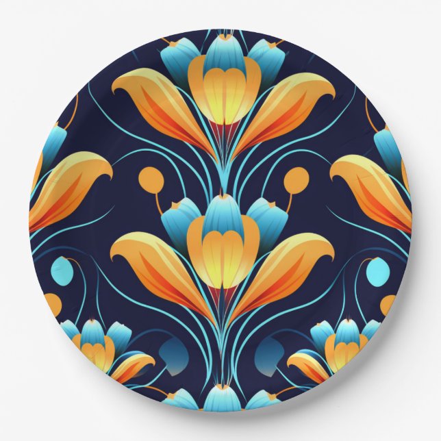 Art Deco blue orange flowers Paper Plate (Front)