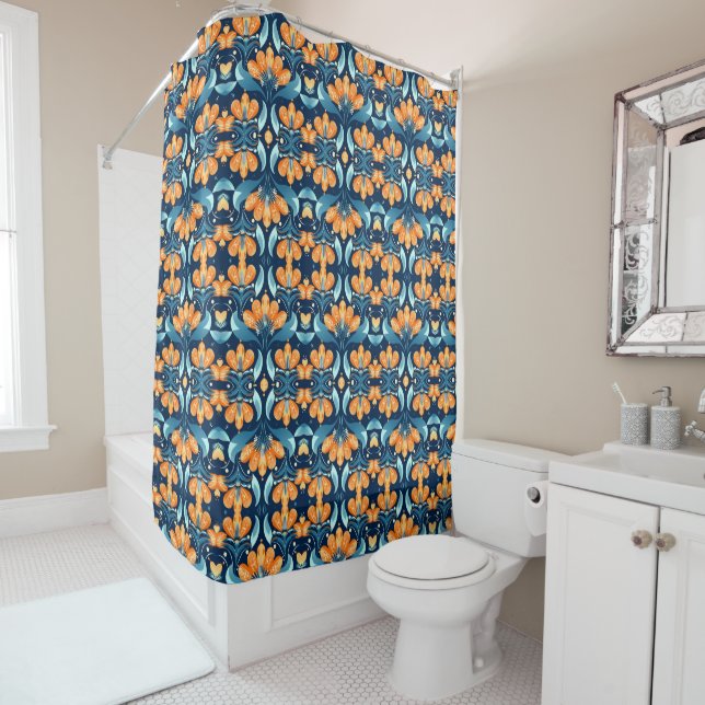 Art Deco blue orange flowers Shower Curtain (In Situ)