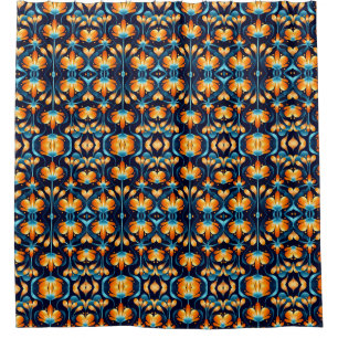 Art Deco blue orange flowers Shower Curtain