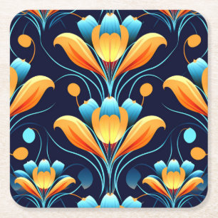 Art Deco blue orange flowers Square Paper Coaster