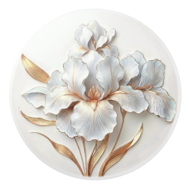  Art Deco Blue Rose Gold Stylised Lilies Ceramic Knob (Front)