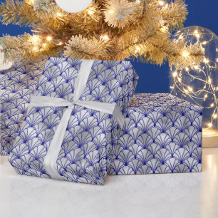 Art Deco Blue Silver Fan Shell Wrapping Paper
