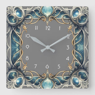 Art Deco Blue Square Wall Clock