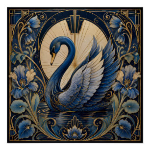 ART DECO BLUE SWAN VINTAGE DECORATIVE ACCENT POSTER