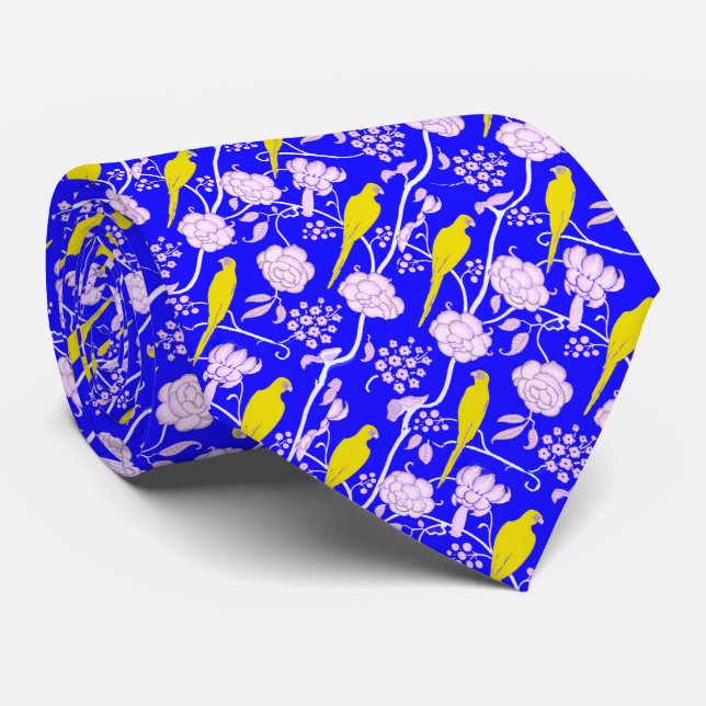 ART DECO BLUE WHITE FLOWERS WITH YELLOW PARROTS TIE (Rolled)
