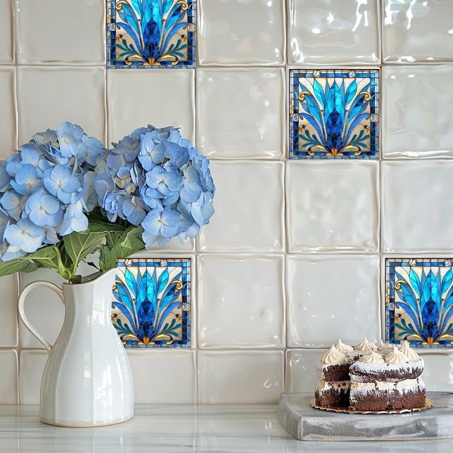 Art Deco Blue White Gold Flower Petals  Ceramic Tile (Creator Uploaded)