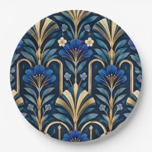 Art Deco Botanical Pattern. Sapphire Blue Paper Plate