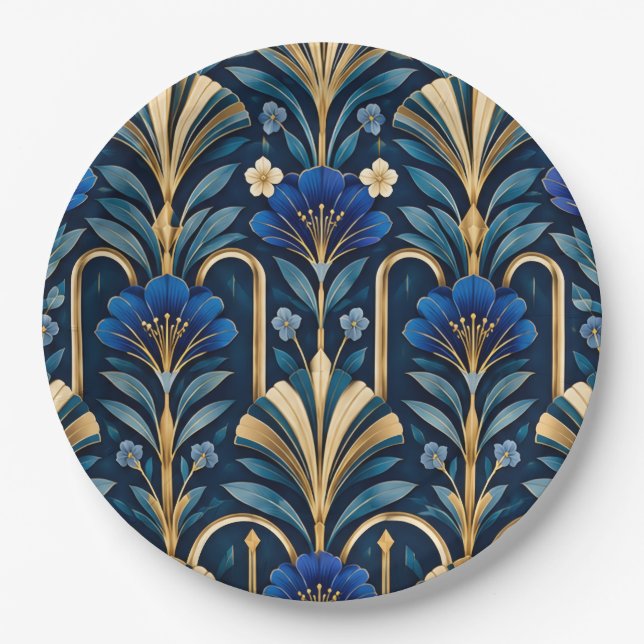 Art Deco Botanical Pattern. Sapphire Blue Paper Plate (Front)