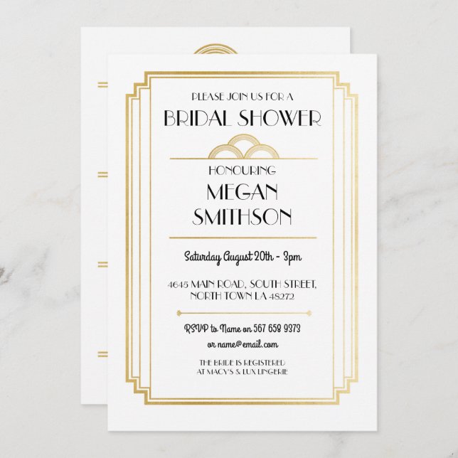 Art Deco Bridal Shower 1920's Gatsby Gold Invite (Front/Back)