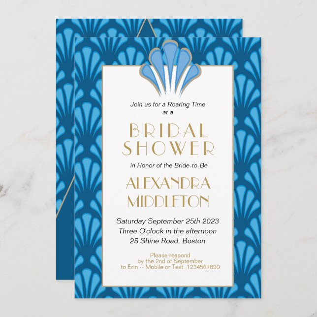 Art Deco Bridal Shower Blue Vintage Invitation (Front/Back)