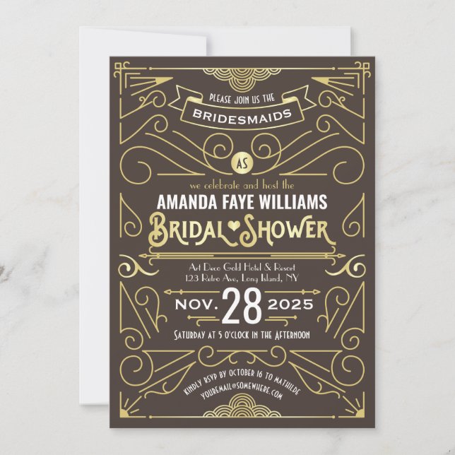 Art Deco Bridal Shower Elegant Gold Chocolate Invitation (Front)