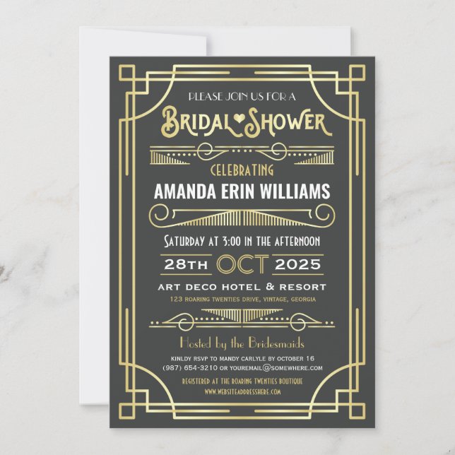 Art Deco Bridal Shower Elegant Gold Grey Retro Invitation (Front)