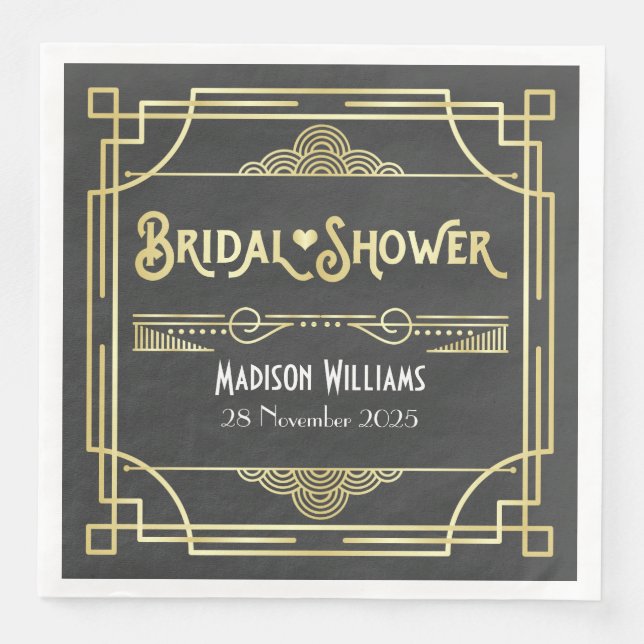 Art Deco Bridal Shower Elegant Gold Grey Retro Napkin (Front)