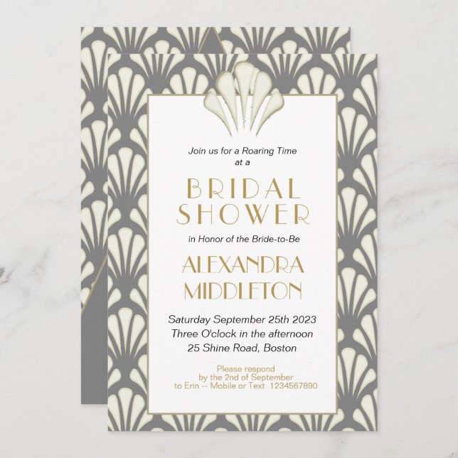 Art Deco Bridal Shower Grey  Gold Vintage Invitation (Front/Back)