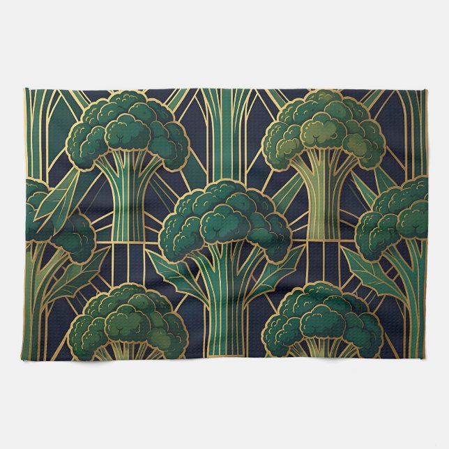 Art Deco Broccoli Pattern Tea Towel (Horizontal)