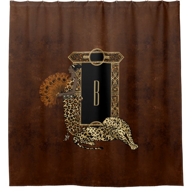 Art Deco Brown Gold Leopard Monogram Shower Curtain (Front)