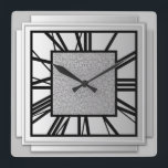 Art Deco, brushed silver Square Wall Clock<br><div class="desc">Art Deco,  brushed silver,  3-d effect wall clock with black numbers - digital graphics</div>