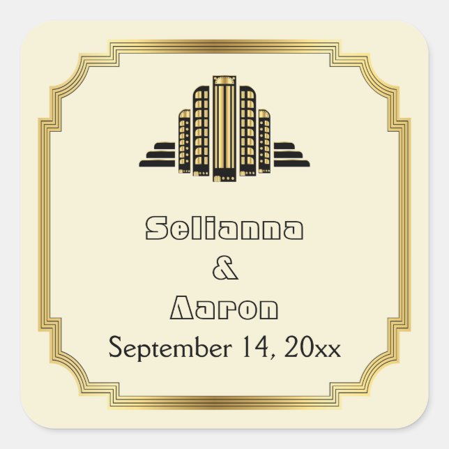 Art Deco building black gold wedding Save the Date Square Sticker (Front)