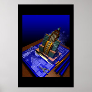 Art Deco Building Emerging from Blueprint Poster