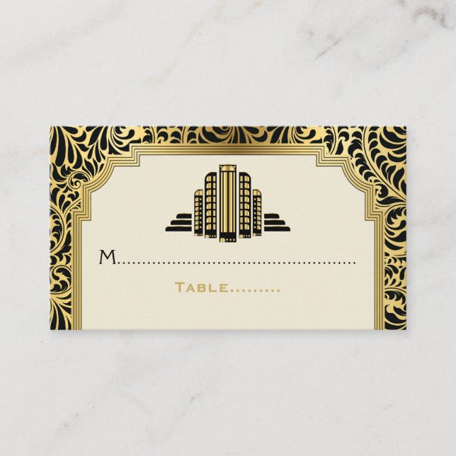 Art Deco buildings black, gold wedding place card (Front)