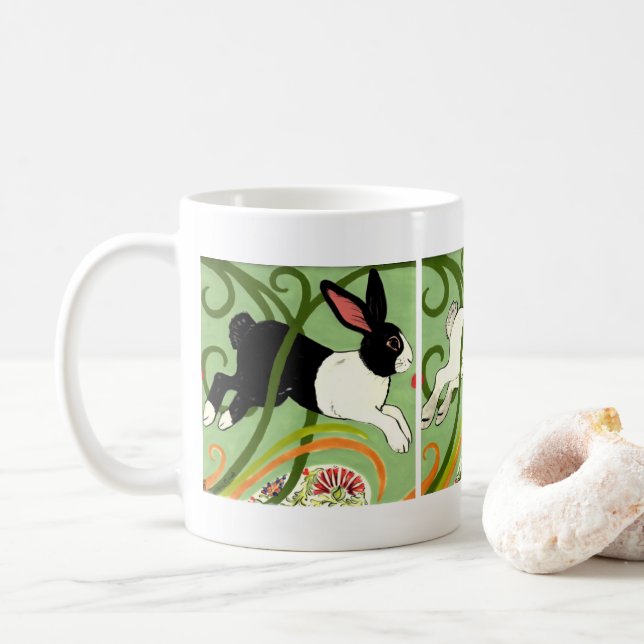 Art Deco Bunny Rabbit Dutch Grey White Green Coffee Mug (With Donut)