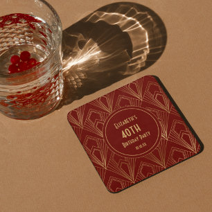 Art Deco Burgundy & Gold 40th Birthday Party Square Paper Coaster