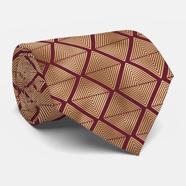 art deco Burgundy gold tiled pattern Tie (Rolled)