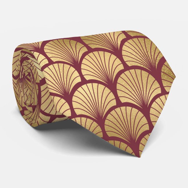 art deco Burgundy gold tiled pattern Tie (Rolled)