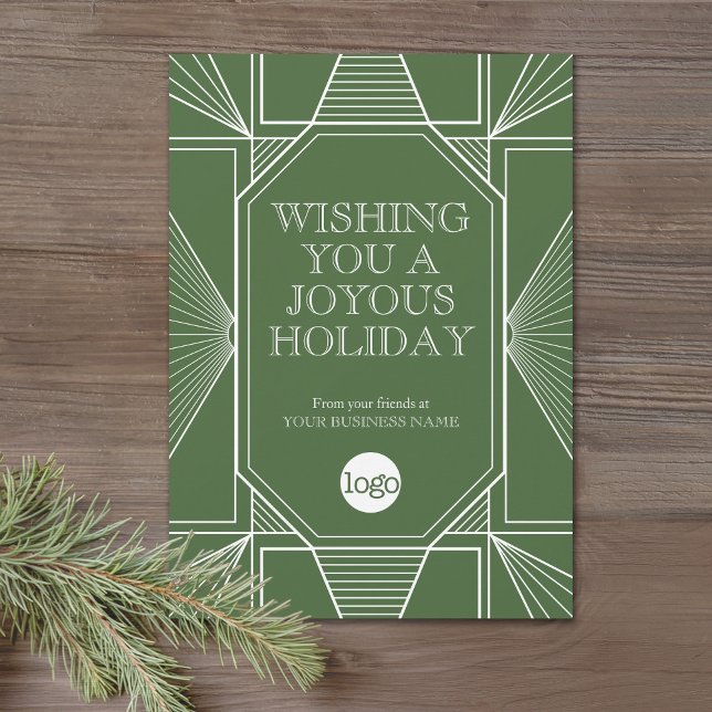 Art Deco Business Christmas Greeting Sage Green Holiday Card (Office Holiday Card - Art Deco Design with your logo)